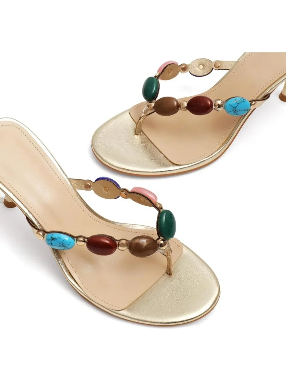 Women's Gold Open Toe Beaded Strappy High Heels Sandals Slip On Thong Heels